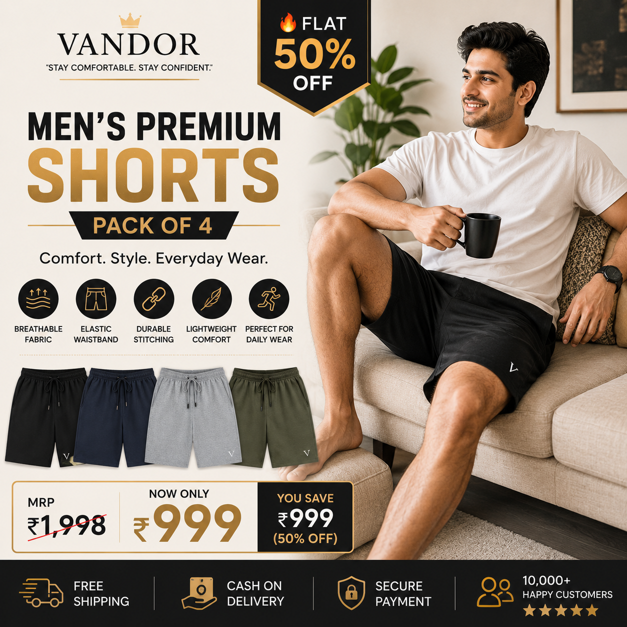 🩳 Men's Cotton Polyester Shorts – Pack of 4