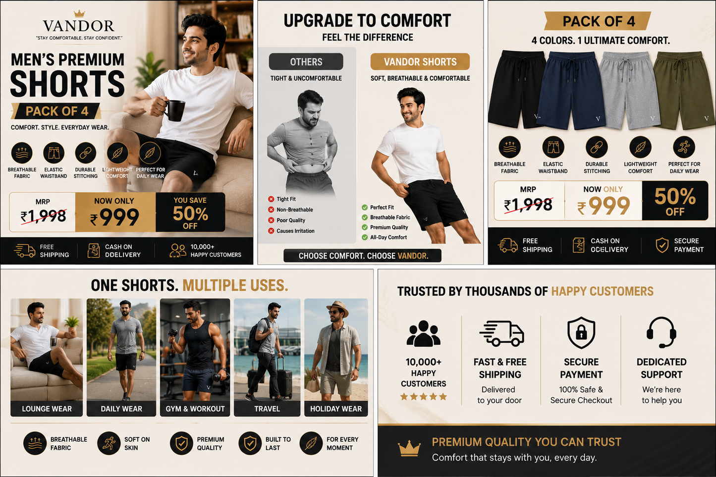 🩳 Men's Cotton Polyester Shorts – Pack of 4